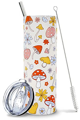 Pilzbecher, Pilzgeschenke für Frauen Pilzliebhaber, Pilzzubehör Dekor, Pilzdruck Geschenk, niedliche Pflanze Pilz Tasse Kaffeetasse, Kawaii Pilz Becher mit Deckel und Strohhalm 20 oz