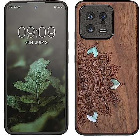 kwmobile Hülle kompatibel mit Xiaomi 13 5G Hülle - Holz Case - Handy Cover - TPU Handyhülle in Dunkelbraun Aufgehende Sonne Perlmutt