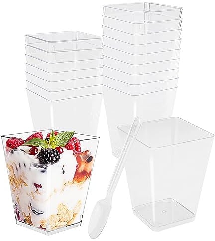 Vexillic Vasos de Postre de 150 ml, 50 Unidades Tazas de Postre Vasitos Aperitivos con Cucharas Reutilizables Copa Postre Transparentes para DIY Mousse Chocolate Helado Pudding