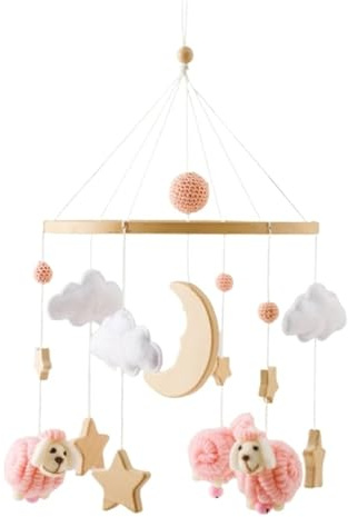 Tiere Holz Mobile Baby Windspiele mit Filzbällen, Stern Mond Lamm Mobile Baby Mädchen Bettglocke Anhänger für Babybett Jungen und Mädchen (Rosa)