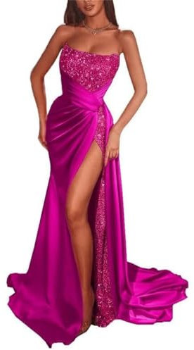 KURFACE Abito da ballo da donna con scollo a V increspato paillettes abiti da festa di nozze formale con fessura WSX493, Fucsia, 62 Più
