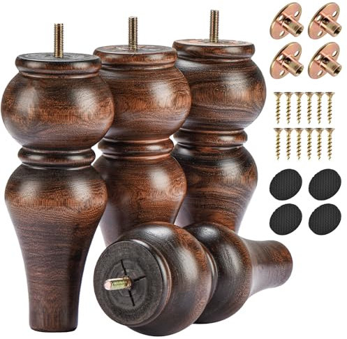 Btowin 8 Inch / 20cm Solid Wood Furniture Legs,4Pcs Couch Legs Wooden Bun Feet Sofa Feet with Threaded M8 Hanger Bolts &Mounting Plate &Screws for Sofa Cabinet Ottoman Armchair,Glaze