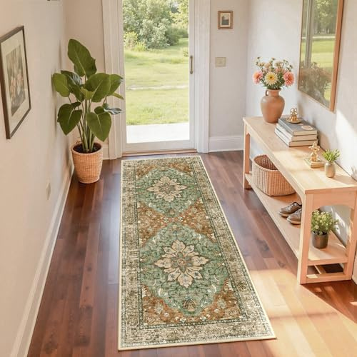 RELEANY Area Rugs 2'x6' Runner Rug Non Slip Washable for Kitchen Hallway Bedroom Beside Laundry Room Bathroom Rug, Floor Carpet, Brick Red Rust Neutral Brown Burnt Orange Green