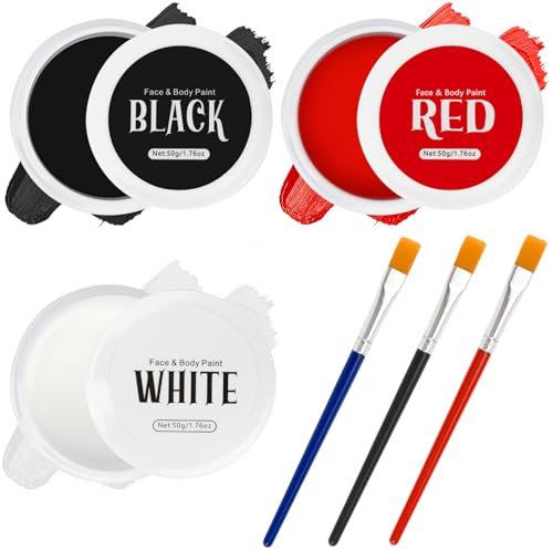 TonJin Peinture Corporelle Noir + Blanc + Rouge avec 3 Pinceaux,Peinture de Visage Professionnelle Non Toxique Maquillage Enfant Adulte pour Cosplay Halloween Clown Maquillage SFX (150g)