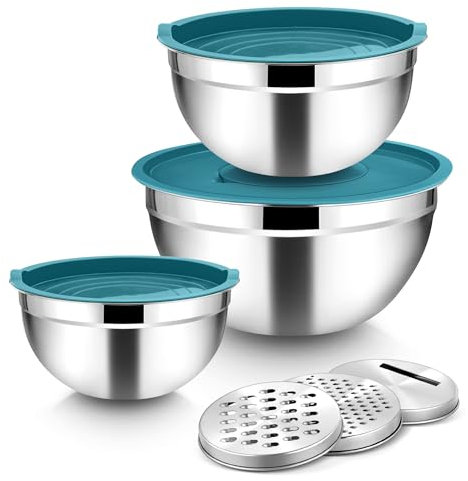 Joyfair Rührschüssel Set, 3 Stück Edelstahl Schüssel mit Luftdichten Deckel & 3 Reibenaufsätzen, Salatschüssel zum Backen/Kochen/Zubereiten, Stapelbar & Spülmaschinenfest, 4,5L/2,7L/1,5L - Blau