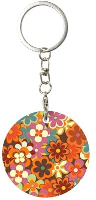EgoMed Runder Metall-Schlüsselanhänger, Metall-Schlüsselanhänger, Autoschlüsselanhänger, Ringhalter, 1 Stück, Retro 70er Jahre Bunter Blumendruck