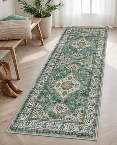 Lahome Orientalischer Flurläufer, 6,3 x 20,3 cm, rutschfest, ultradünn, weich, waschbar, Flurteppich, fusselfrei, langer Teppich für Eingangsbereich, Waschküche, Badezimmer, Grün/Mehrfarbig