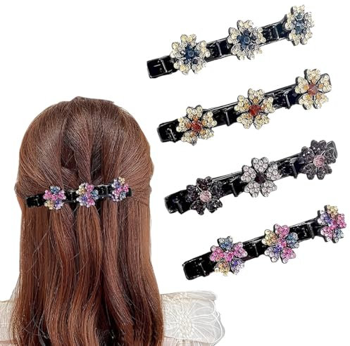 EIROVYA 4 Stück Glitzernde Kristall-Stein Geflochtene Haarspangen, Haarspangen Damen,Kolibri Haarspange mit Kristallblume, Große Haarspangen für Dickes Haar mit 3 Mini-Haarspangen für Damen Mädchen
