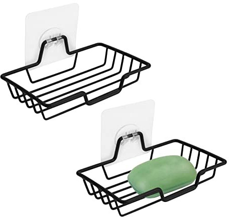 QOTSTEOS 2pcs Soap Dish with Suction Cup, Stainless Steel Soap Dish Holder, Wall Mounted Vacuum Soap Holder, for Shower Bathroom Tub, Kitchen Sink, Waterproof and Rustproof(Black)