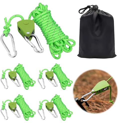 Lot de 4 Pièces Cordes à Cliquet,4 Cordes de Tension Réfléchissantes Cordes de Tension Réfléchissantes avec Tendeurs de Corde Réglables,Cliquet avec Crochets, pour Tente corde à Linge Bâche de Camping