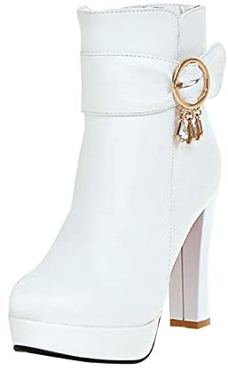Stivaletti da donna con tacco alto, sexy, con plateau, con cerniera laterale, impermeabili, in vera pelle, antiscivolo, corti, da passeggio, eleganti e classici, bianco, 40 EU