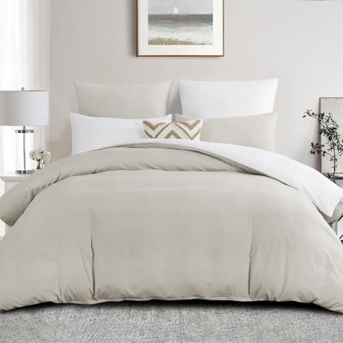 Aisbo Double Size Duvet Cover Set - 3Pcs Reversible Bedding Bed Set Beige and White Double Soft Brushed Microfiber Quilt Cover with 2 Pillowcases 50x75cm