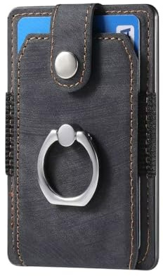 COQUE Porte-Cartes de téléphone Ultra Fin en Cuir adhésif avec Anneau de Poche pour Carte de crédit, Autocollant arrière pour Smartphone-Noir