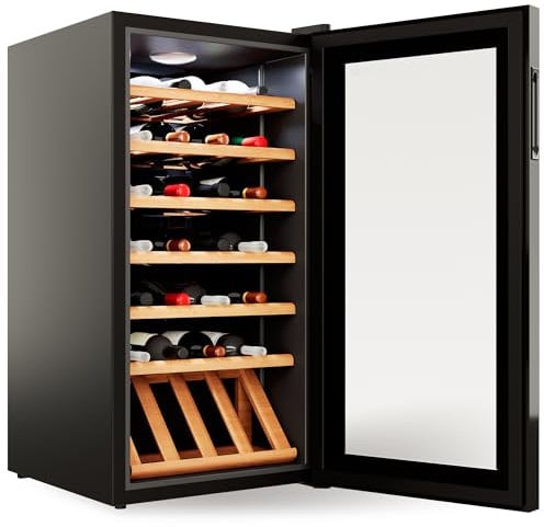 °CUBES Weinkühlschrank 28 Flaschen (90L) mit eleganter Glastür & hochwertigen Regalen aus Buchenholz | 5-18°C, vibrationsarm & leise (40dB) | Weinschrank mit LED Display - Tolles Geschenk