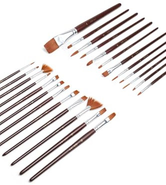 Elan Set de Pinceaux Peinture, 24 Pièces à Manche Court, Pinceau Nylon, Biseauté, Éventail, Filbert, Plat, Rond et Script pour Peinture Acrylique