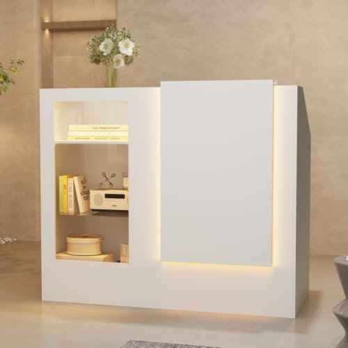 DAWNSPACES Empfangstheke mit gehärtetem Glas,L-förmiger Rezeptionstisch mit LED-Beleuchtung,Empfangstisch mit Schiebetür,Rezeptionstheke mit Vitrine,Tresen für Cafe,Restaurant,Weiß,120x100x103cm