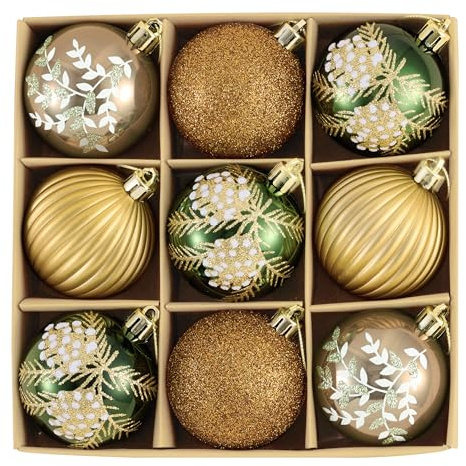 Valery Madelyn Weihnachtskugeln 9 Stücke 6CM Kunststoff Christbaumkugeln Weihnachtsdeko mit Aufhänger Weihnachtsbaumschmuck für Weihnachten Dekoration Wald Thema（Bronze Grün）