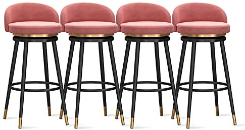 Moderne Samt Swivel Barhocker 4er Set mit Rückenlehne Armlose Zähler Hocker für Küche Insel Rosa und Schwarz Beine 75cm Sitzhöhe Weiß Base