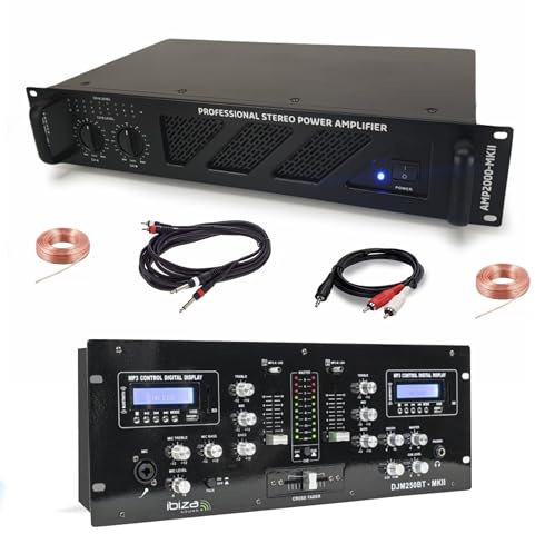 Ibiza - DJ-Sound-Pack Verstärker Ibiza Sound AMP2000-MKII 3000 W – Mischpult Bluetooth DJM250BT-MKII Cinch XLR – Cinch-Kabel mit Klinkenstecker, Lautsprecher im Lieferumfang enthalten