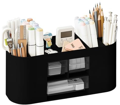 Lvjkes Stiftehalter Aufbewahrungskiste, Schreibtisch organizer 10 Fächer Große Kapazität, Doppelschicht transparente Schublade, Kann Bleistifte, Buntstifte,Verschiedene Schreibwaren aufnehmen(Schwarz)