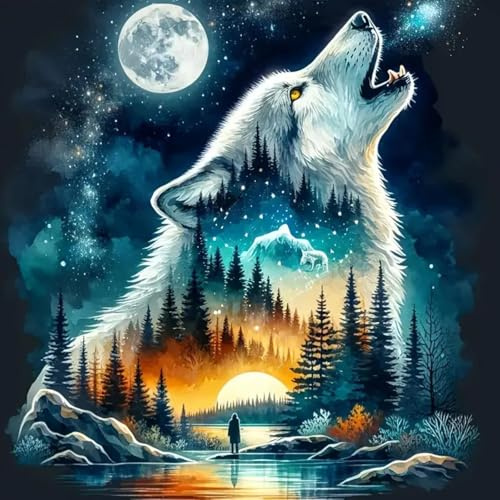 Jawecci Wolf Diamond Painting Erwachsene, 5D Diamant Painting Bilder Erwachsene Tiere, DIY Runde Mond Diamant Kunst Set Diamant Malerei Kinder für Home Dekor 30x40cm
