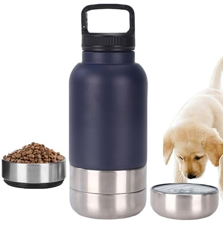 lopituwe Insulated Portable Dog Water Bottle with 2 Food Container 3 in 1 Stainless Steel Pet Drinking Bottle 1L Multifunctional Dog Travel Water Bowl For Outdoor, Travel, Walking, Hiking(Dark blue)