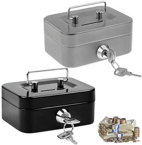 TTYSHIP® 2 Stück Geldkassette Klein, 11,5 x 8,5 x 5,8cm Geldkassette Abschließbar Klein mit 2 Schlüsseln für Aufbewahren von Kleingeld, Münzen (Schwarz/Grau)