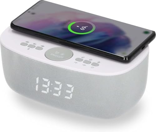 AIC Stylischer Radiowecker mit Bluetooth®, kabelloser Qi-Ladefunktion, Dual Alarm, sattem 6-Watt-Stereoklang, USB-Anschluss und 5 Stufen Dimmer. (Weiß)