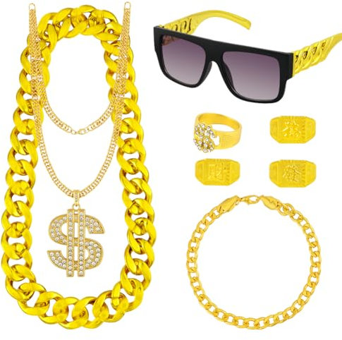 BSBUY Zuhälter Kostüm Set 8Pcs Rapper Hip Hop Accessoires mit Dollar Kette Große Gold Halskette Dollarzeichen Ring Goldenes Armband Herren Gangster Gang Ring für 80s/90s Fasching Mottoparty Karneval-B