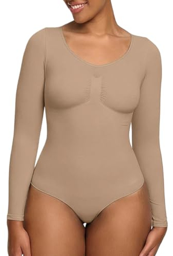 creamy fabrics Shapewear Damen Body langarm mit String stark formend | Body Shaper aus weichem Polyamid Elastan Stretch glättet Bauch Taille Arme und Oberkörper für angenehme Looks unter Kleidung