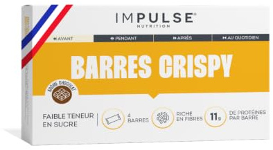 Impulse Nutrition - Barre Crispy Chocolat 11g Protéines - 4 Barres/Boîte | Masse Musculaire - Riche en Fibres, Faible en Sucres - Texture Croustillante Gourmande - Fabriqué en France