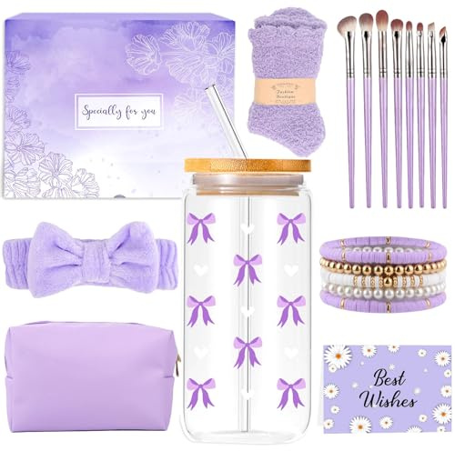Gifts for Girls Teenage 9 10 11 12 13 14 Year Old, Christmas Birthday Gifts for Girls Age 8-15,Glass Cup with Lid and Straw,Makeup Brushes Cosmetic Bag Bracelets Socks Headband,Bow Coffee Cup Presents
