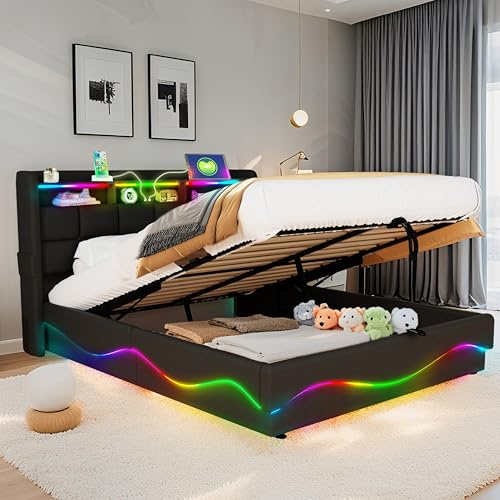 XMETPR Bettgestell 160x200cm mit LED-Beleuchtung, Leder, Schwarz | USB & Type-C Ladestation, Polsterbettgestell, Stauraumbett, Kopfteil-Ablage, ohne Matratze