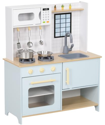 AIYAPLAY Cocina de Juguete con Sonido para Niños +3 Años Fogón Horno Azul | Cocina de Madera Infantil, Cocinita Infantil, Grifo, Fregadero, Microondas, Accesorios de Cocina
