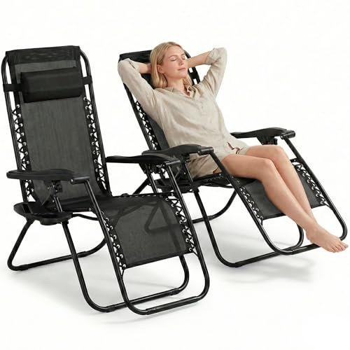 FORA Pack 2 Tumbonas Jardín Exterior Plegables – 176×67×110 Cm, Tubo 25mm y Tejido Transpirable, Color Negro, Reclinables con Bloqueo de Seguridad, Cojín Incluido, Plegado Rápido, 120Kg