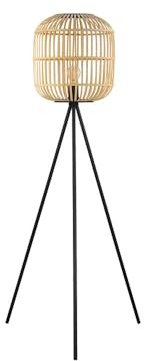 EGLO Stehlampe Bordesley, 1 flammige Stehleuchte Vintage, Natur, Boho, Hygge, Standleuchte aus Stahl in Schwarz und Holz in Naturfarben, Wohnzimmerlampe, Lampe mit Tritt-Schalter, E27 Fassung