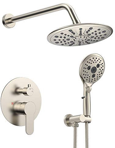 Duschsystem Regendusche Wasserhahn Set mit 6 Einstellungen, Handbrause und Hochdruck-Duschkopf, enthält raues Ventil und Verkleidung, gebürstetes Nickel