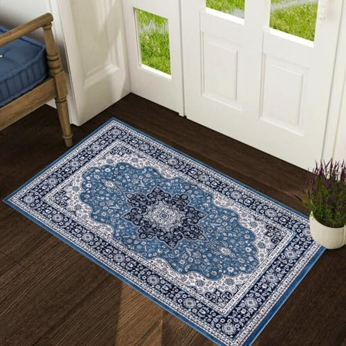 renoazul® Jute Back Vintage Large Door Matt Indoor - Rome Blue Rug - 60x110 cm - Washable Kitchen Mats, Entrance Door Runner and Floor Mat