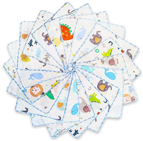 Omilion Lot de 18 débarbouillettes en mousseline de coton naturel, serviette de bain douce pour le visage pour tout-petit, liste cadeau, fête prénatale, 22 x 22 cm, monde animal