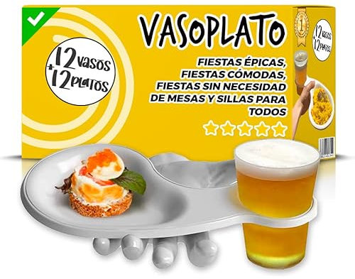 Platos Plastico Duro Reutilizables - Vaso Plato Reutilizable 2 en 1 - Vasos Plastico Duro Reutilizable + Plato Incorporado - Platos para Fiestas, Bodas, Cumpleaños y Eventos - Apto para Lavavajillas