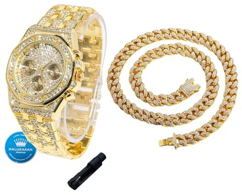 Halukakah Diamanten Gold Uhr für Jungen,Teenager - 18K Echtgold Platiniert,40mm Achteckiges Zifferblatt mit Römischen Zahlen,Japanisches Quarzwerk -20cm Länge,mit 40cm Cuban-Kette & Anpassungswerkzeug