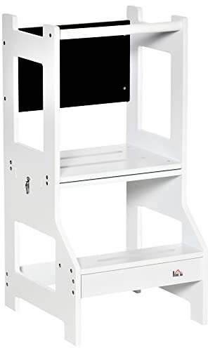 HOMCOM Scala Montessori 2 in 1 in MDF Staccabile, Torre Montessoriana per Bambini 3-6 Anni, Torre di Apprendimento con Sgabello, Lavagna, Corrimano e Parapetti inclusi, Bianco
