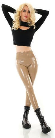 Fashion Design Leggings Damen Wetlook Lederlook Lack Optik Thermo Leggings High Waist Hose (L/XL, Hellbraun)