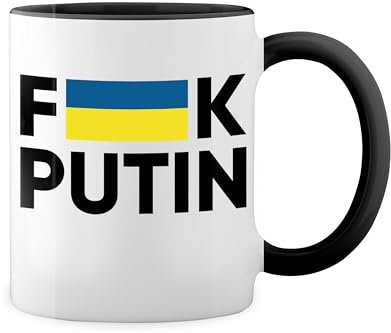 Fuck Putin Fight For Ukraine Weiße Tasse Mug mit schwarzen Felgen & Griff