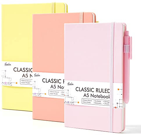 feela Notizbuch A5 liniert Hardcover, 3 farbiges Notizbücher Set, Journal Buch mit 3 Gelstifte schwarz, 120 GSM, 13x21cm, Notizblock Set geeignet für Büro, Schule, für Kinder und Erwachsene, Din A5