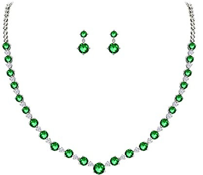 EVER FAITH Zirkonia Schmuckset Elegant Schmuck für Damen Party Daily Outfit Hochzeit Geschenk runde Schliff Cubic Zirconia Grün Silber-Ton Braut Halskette und Ohrringe Set