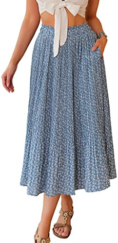 Zeagoo Damen Midi Röcke Hohe Taille Plissee A-Linie Swing Röcke Sommer Floral Lange Röcke mit Taschen, Hellblau, Groß
