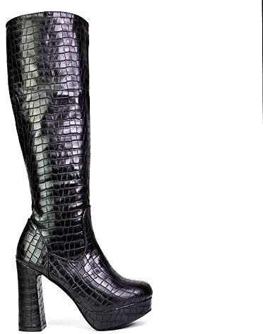 Womens Knee High Boots Ladies Block Heel Platform Black Croc Embossed Synthetic Winter Shoes Size 7