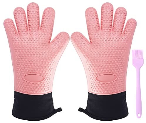 Ocves Oven Gloves Heat Resistant Silicone Oven Mitts, Non-Slip Oven gloves with Fingers, Food Grade, Waterproof Kitchen Gloves, Long Sleeve Oven Glove for Baking Cooking Grilling Barbecue Mitts (Pink)