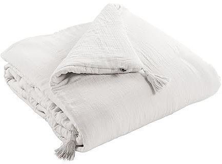 Mylittlebed Edredon Dessus de lit L’Effet Papillon 90x200 cm – Chemin de lit 100% Gaze de Coton avec Finition Pompons [ Dessus de Lits et Couvre-Lits ] (Blanc Chantilly)